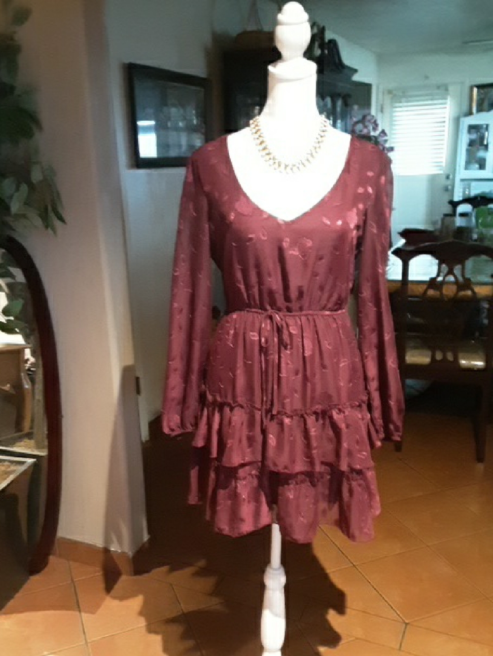 City Studio Burgundy V-Neck Tiered Long-Sleeve Dress